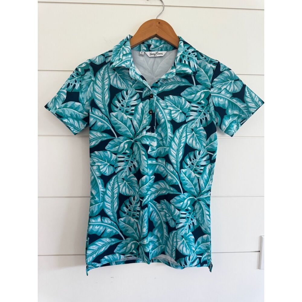 Kenny Flowers Women's Small Tropical Golf Polo Shirt Navy Resort Vacation Print